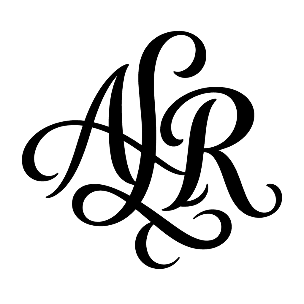 Interlocking script monogram — "ALR" example, for couples, embroidery
