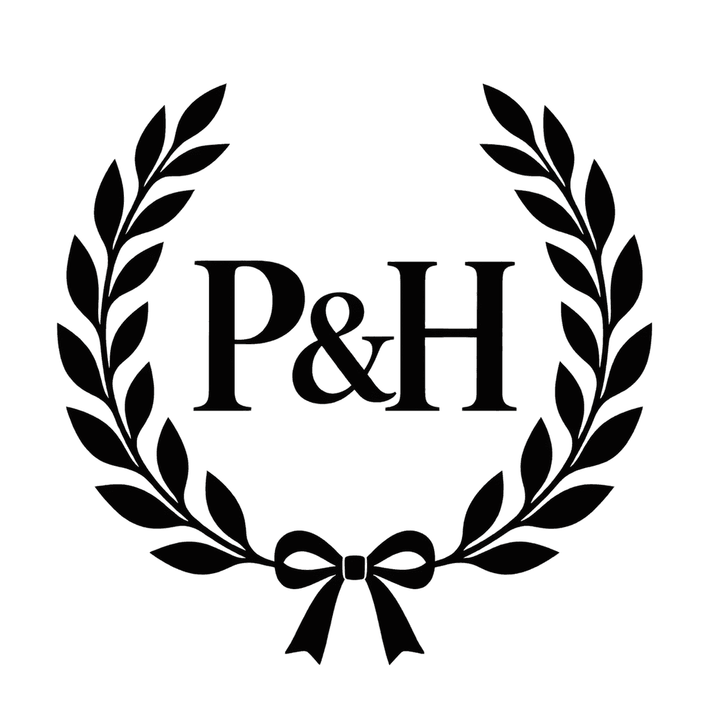Laurel wedding crest monogram — "P&H" example, for invitations, cake toppers