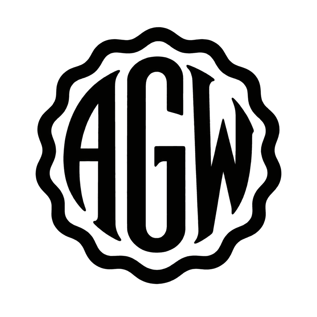 Scalloped circle monogram — "AGW" example, for baby gifts, bakery labels