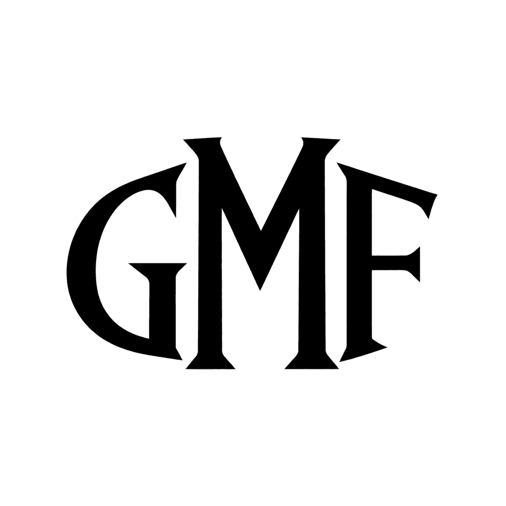 Wedge serif monogram — "GMF" example, for modern stationery